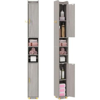 Costway Mobiletto Bagno Salvaspazio 20 x 20 x 179 cm, Armadietto Stretto con 2 Ante, Ripiani Regolabili e Gancio Laterale, Armadio Salvaspazio per