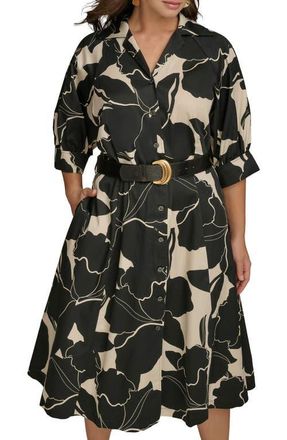 DKNY Printed Belted Midi Shirtdress in Black/Parchment at Nordstrom, Size 22W