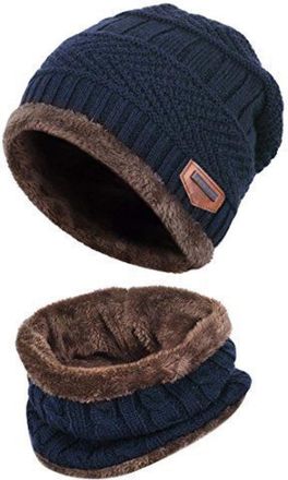 World of Shawls Unisex Men Women Knitted Fleece Beanie Hat and Loop Circle Scarf Snood Set Warm Soft and Comfortable (Navy)