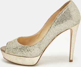 Jimmy Choo London Dahlia Gold Glitter Fabric Peep Toe Pumps