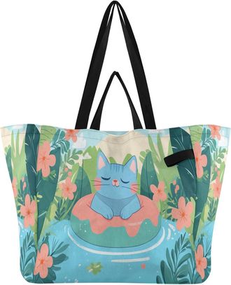 Generic Blue Cat Flower print Reusable Canvas Tote Bag, Heavy Duty Grocery Shopping Bag with Large Capacity Hard Bottom Double Handles Work Groceries Travel