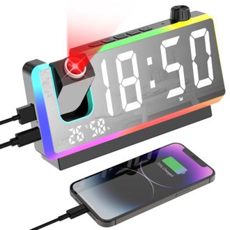 OEM Despertador Con Proyector De Techo, Pantalla Led Grande De 7 Pulgadas, Luz Nocturna Rgb De 8 Niveles, Proyector De 180&deg;, Doble Alarma, Funci&oacute;n De Repe
