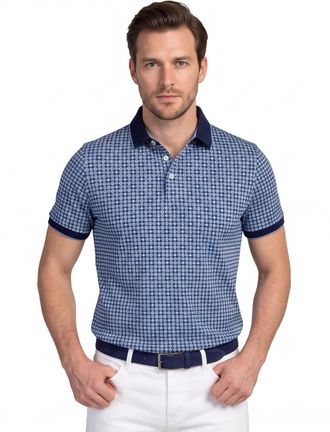Baileys Poloshirt Baileys donkerblauw beige grafisch vierkant print