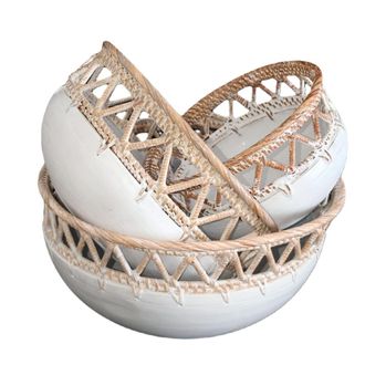 My Bliss Home Cuenco redondo de madera y rat&aacute;n, blanco Juego de 3