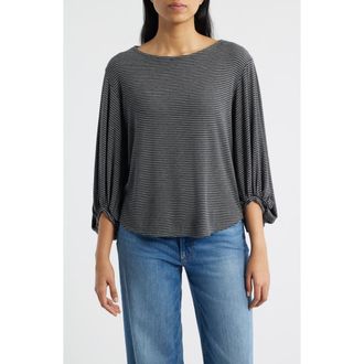 Wit & Wisdom Stripe Balloon Sleeve Knit Top in Heather Charcoal at Nordstrom, Size X-Large