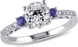Amour 1/10 CT TW Diamond, Created White and Created Blue Sapphire Engagement Ring In 10K White Gold