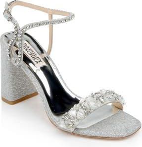 Badgley Mischka Tanisha Crystal Ankle Strap Sandal in Silv Textl at Nordstrom Rack, Size 6.5