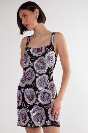 NASTY GAL Beaded Flower Sequin Mini Dress in Black at Nordstrom, Size 12