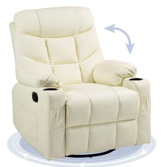 HOMCOM Manual Recliner Chair With Footrest - Cup Holder - Swivel Base - Cream White And Black - Cream | TJ Hughes