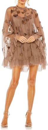 Mac Duggal Embellished Long Sleeve Trapeze Dress with Ruffle Hem in Chocolate at Nordstrom, Size 10