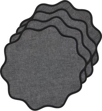 Solino Home Linen Placemats Set of 4, 16 Inch Round for Dining Table, Holiday and Everyday Table Decor - Giselle Scallop Edge in Black And Charcoal