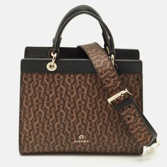 Aigner Carol Brown/black Signature Coated Canvas Top Handle Bag