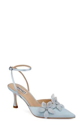 Badgley Mischka Whitman Ankle Strap Pointed Toe Pump in Mist Blue Satin at Nordstrom, Size 8.5