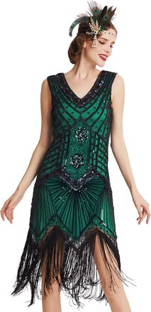 Babeyond Womens Flapper Dresses 1920s V Neck Beaded Fringed Great Gatsby Dress (DarkGreen, XXXL)
