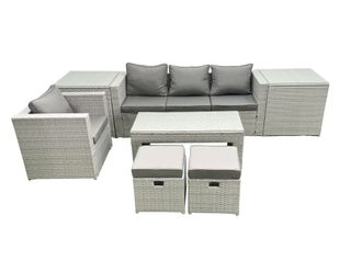 Fimous Rattan Garden Furniture Set Outdoor Lounger Sofa with Coffee Table 2 Small Footstools 2 Side Tables Light Grey Mixed