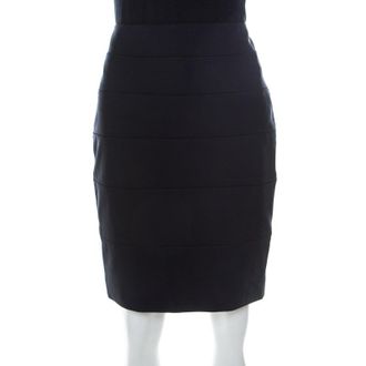 Escada Navy Blue Stretch Crepe Panelled Pencil Skirt