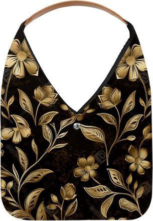 Generic Floral Leaf Golden Reusable Lightweight Grocery Bags - Foldable Into Compact Pouch, Washable & Sturdy, Multipurpose for Shopping and Travel