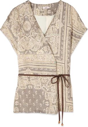 Oltre Satijnen Blouse met Print - Dames - Blouses - Beige - L - Satijn - Overhemden