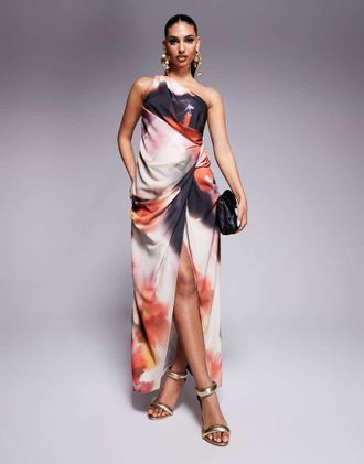 Asos one shoulder draped midaxi dress with split in abstract floral print-Multi