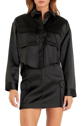 endless rose Pocket Detail Crop Satin Shirt in Black at Nordstrom, Size Medium