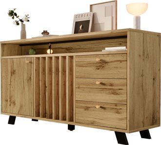 STILVORA Aparador Con 2 Puertas, 3 Cajones Y Hueco Abierto, Frente De Lamas, Estilo Vintage, En Madera, 120&times;40&times;85 Cm, Roble Oscuro