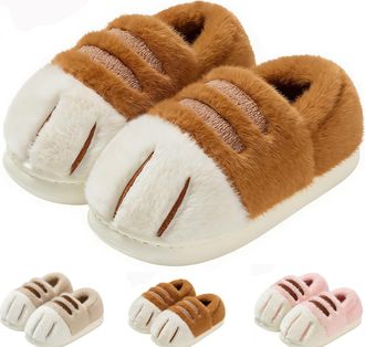 Generic Cute Kitten Pattern Plush Slippers, Soft & Cushioned Cat Paw Slippers for Women, Kids (Coffee, UK, Adult, Women, 7.5, Numeric Range, UK Footwear Size 