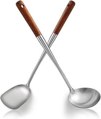 OEM Set Wok Da 17 Pollici In Acciaio Inox Con Manico In Legno Resistente Al Calore, Composto Da Spatola E Mestolo In Metallo, Set Di Utensili Da Cucina Di