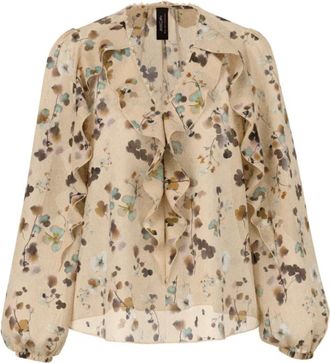 Marc Cain Bloesem met V-hals en ruches - Dames - Blouses - Beige - L - Wol - Overhemden