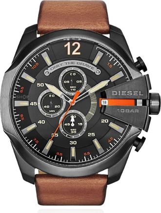 Diesel Mega Chief horloge met leren band - Heren - Horloges - Bruin - ONE Size - Leer - Accessoires