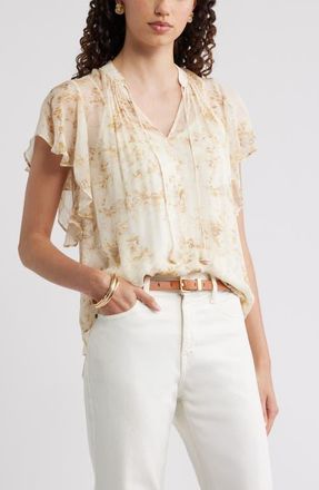 Nordstrom Flutter Sleeve Crinkle Chiffon Top in Ivory- Gold Soly Floral at Nordstrom, Size Xx-Large