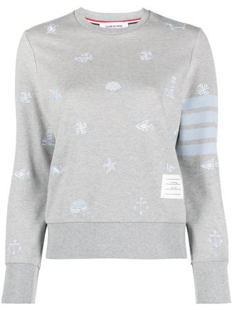Thom Browne Nautical embroidery crew neck sweatshirt - women - Cotton/Cotton/Elastane/Polyester - 38 - Grey