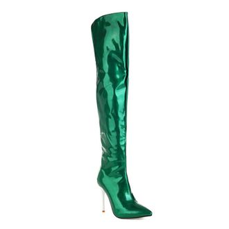 Generic Green,6.5 UK,Womens Patent Leather PU Thigh High Boots Pointy Toe Side Zippe Fashion Comfy Stiletto High Heel Over The Knee Boot Fall Winter Dress Sho