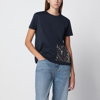 Max Mara Navy blue cotton T-shirt with logo print