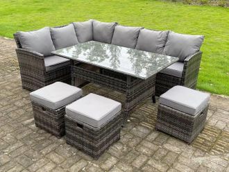Fimous High Back Rattan Corner Sofa Set Outdoor Furniture Rectangular Dining Table 3 Small Footstools 9 Seater in Dark Grey