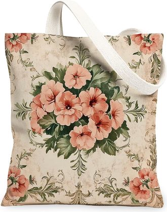 Generic Spring Aesthetic Geranium Canvas Tote Bag for Shopping 13x15, Vintage Retro Floral Reusable Grocery Print Bag for Women Men, Abstract Flower Aesthetic