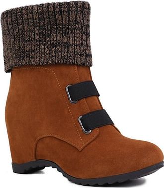 Generic Womens Elastic Wide Calf Ankle Boots Round Toe Hidden Wedge Heels Dressy Pumps Winter Warm Plush Shoes (7.5,Brown)