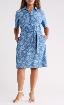 Jones New York Floral Print Tie Waist Shirtdress in Libra Wash at Nordstrom, Size 2X