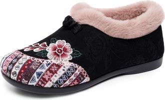 Generic Slippers for Elderly Women,Ladies Wide Fit Slippers,Womens Ethnic Embroidered Plush Slipper,Button Design,Boho Floral Button Design Winter Warm Fleece