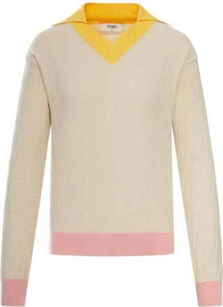 Fendi V-neck Knitwear, female, Beige, Size: 2XS Cotton and silk V-neck sweater