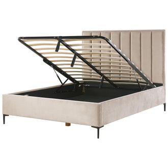 Beliani Cama Con Almacenaje Cabecero Acolchado Patas Negras Metal Terciopelo Gris Pardo 160 X 200 Cm Sezanne