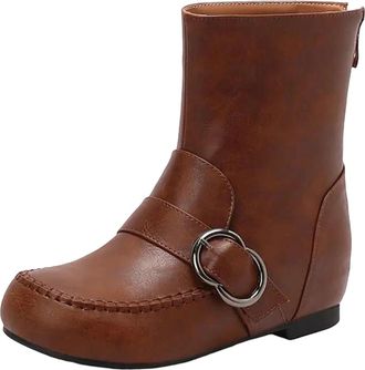 Generic Womens Vintage Style Mid Calf Boots Round Toe Hidden Wedge Heel With Side Zipper And A Decorative Buckle