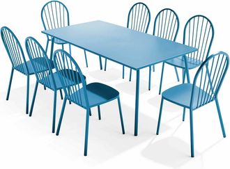 Oviala Mesa de jardín y conjunto de 8 sillas de bistró en acero azul pacífico