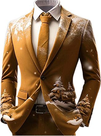 Generic Mens Christmas Suit Xmas Tree Printed Party Lapel Single Button Long Sleeved Suit Sports Jacket Lightweight Pocket Suit Classic Jacket Suitable for Me