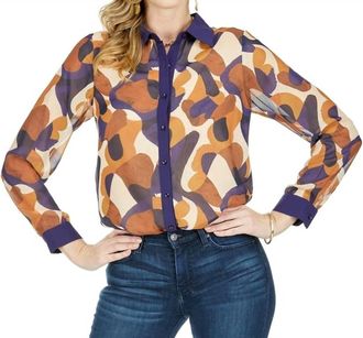 Jade Yoga Contrast Button Front Blouse In Brown Medley