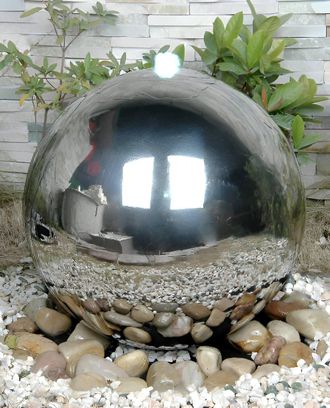 PRIMROSE Polished Stainless Steel Sphere Water Feature Cascade Garden LEDs 40cm in Metallic Silver