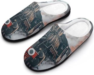 Generic Steam Locomotive Train Mens House Slippers Memory Foam Washable Cotton Slip on Home Shoes