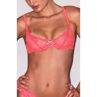 Fleur du Mal Bianca Lace Underwire Balconette Bra in Neon Coral at Nordstrom, Size 34Dd