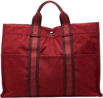 Herm&egrave;s Red Color Canvas Tote Bag (Pre-Owned)