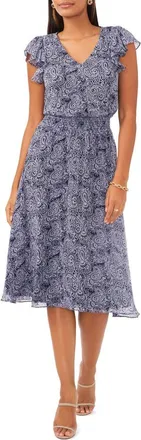 Chaus Paisley Smocked Waist Midi Dress in Navy/white at Nordstrom, Size X-Large