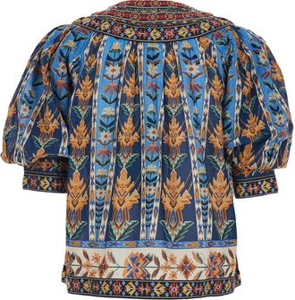 Farm Rio Womens Dress Embroidered Tapestry Blue Cotton Multicolour Blouses Shirt